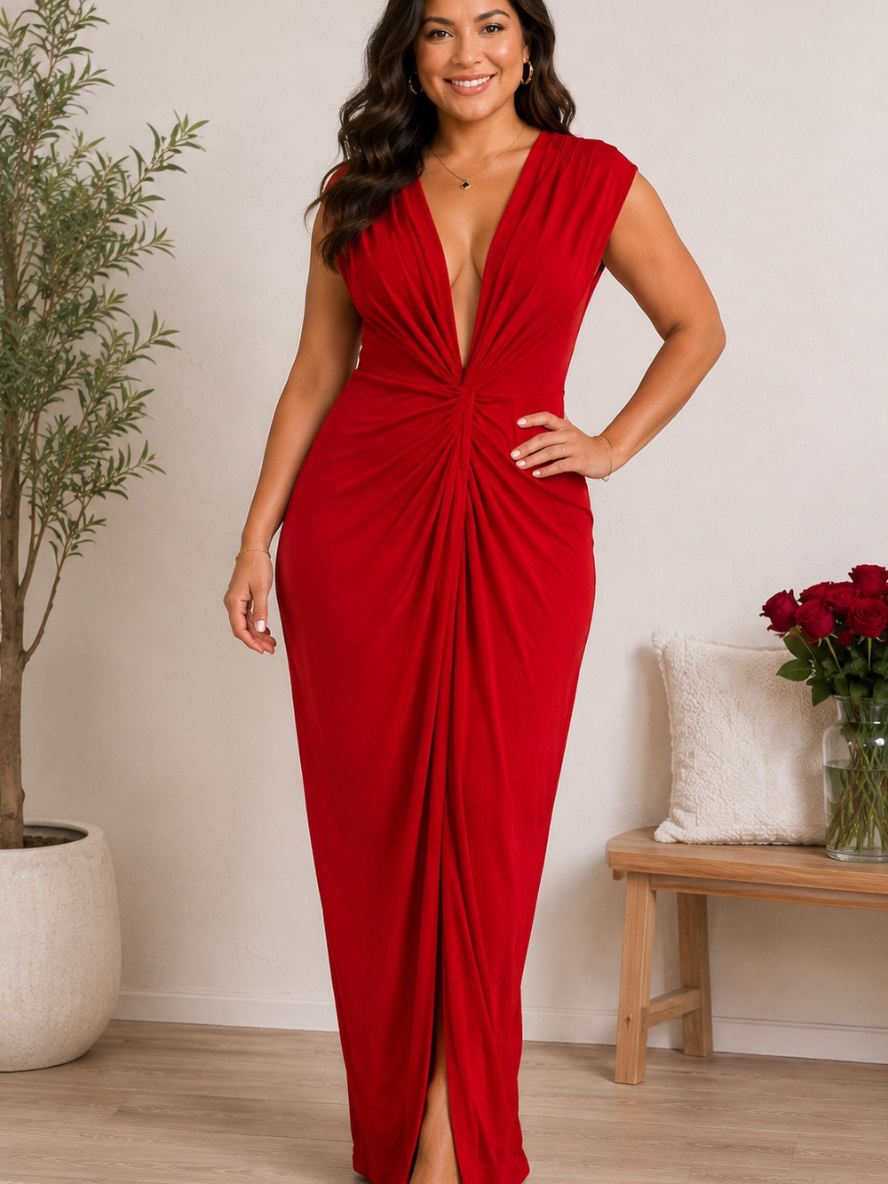 Sabora Red Plunging V Neck Twist Front Maxi Dress Size L